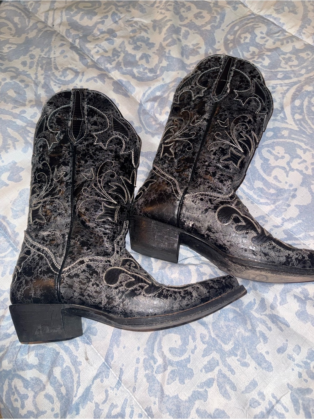 Black Embroidered Velvet Western Boots for Women